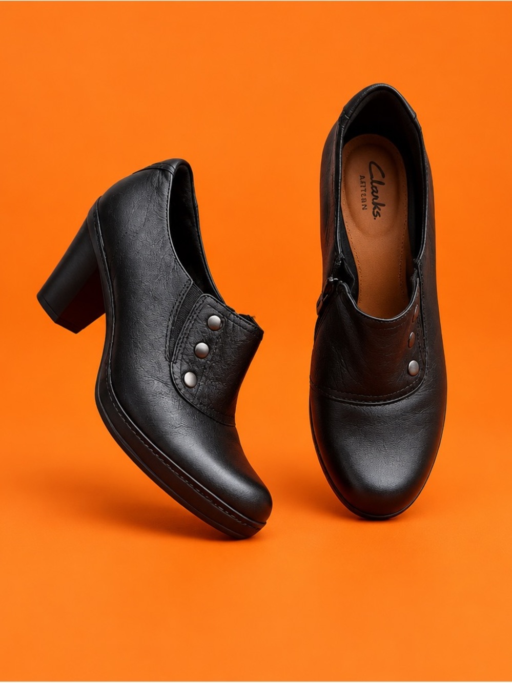 Clarks Vermont Terrace Women’s Black Leather Block Heel Slip-On | Boots